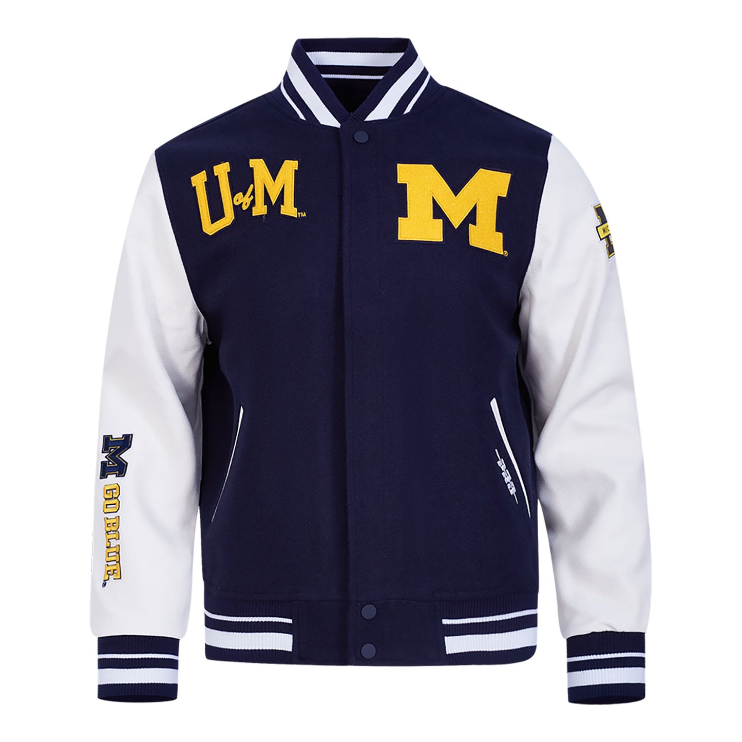 Michigan Wolverines Classic Ribbed Wool Varsity Jacket In Navy - Front View