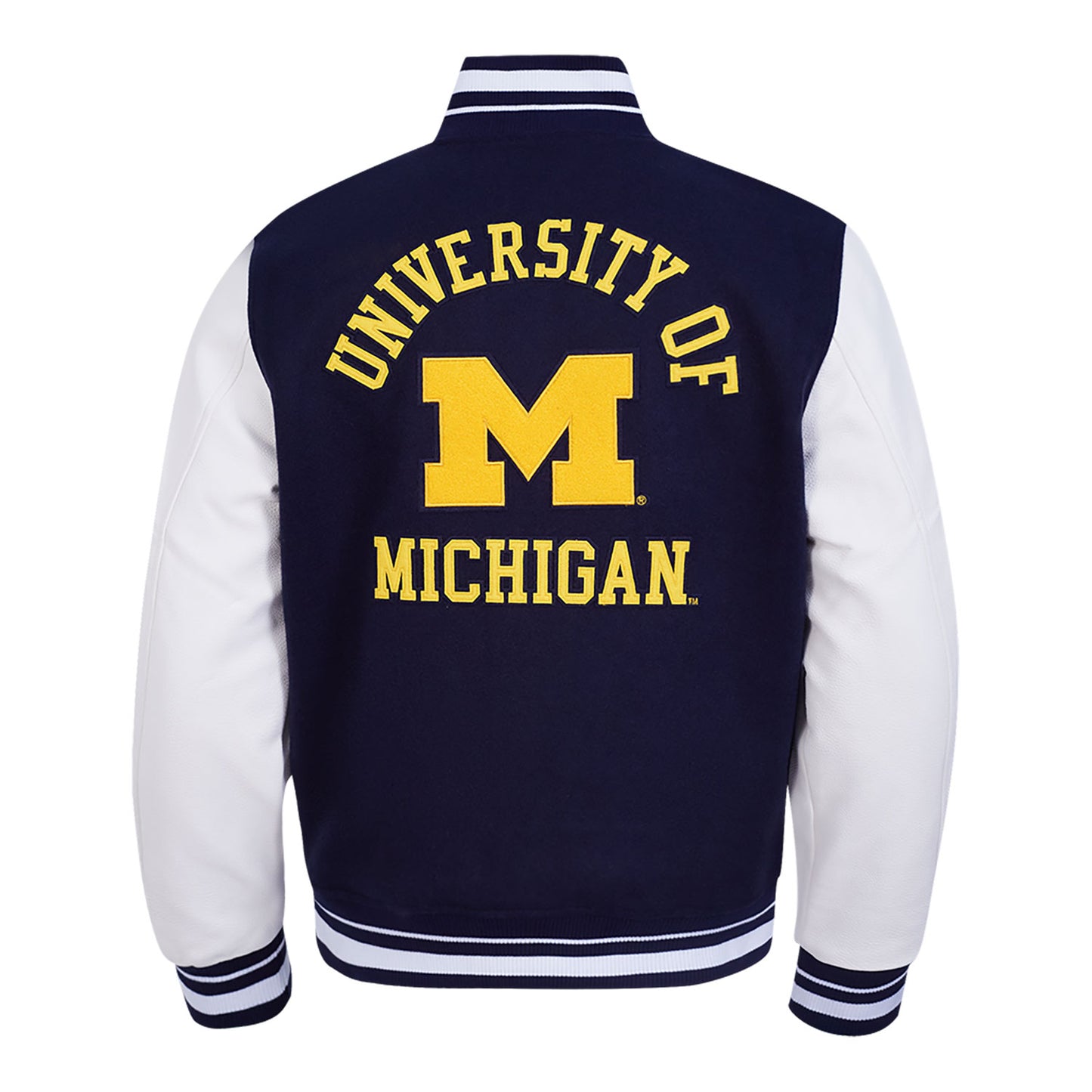 Michigan Wolverines Classic Ribbed Wool Varsity Jacket In Navy - Back View