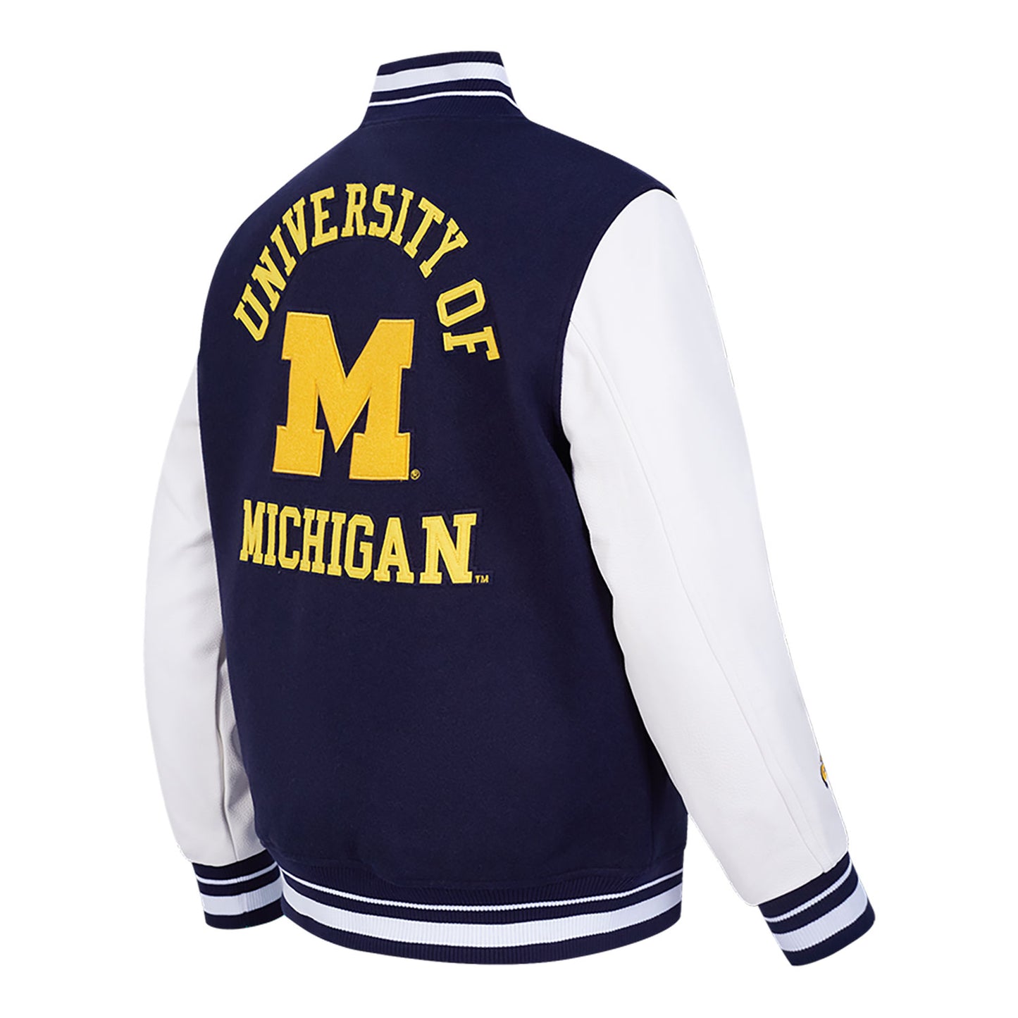 Michigan Wolverines Classic Ribbed Wool Varsity Jacket In Navy - Back View