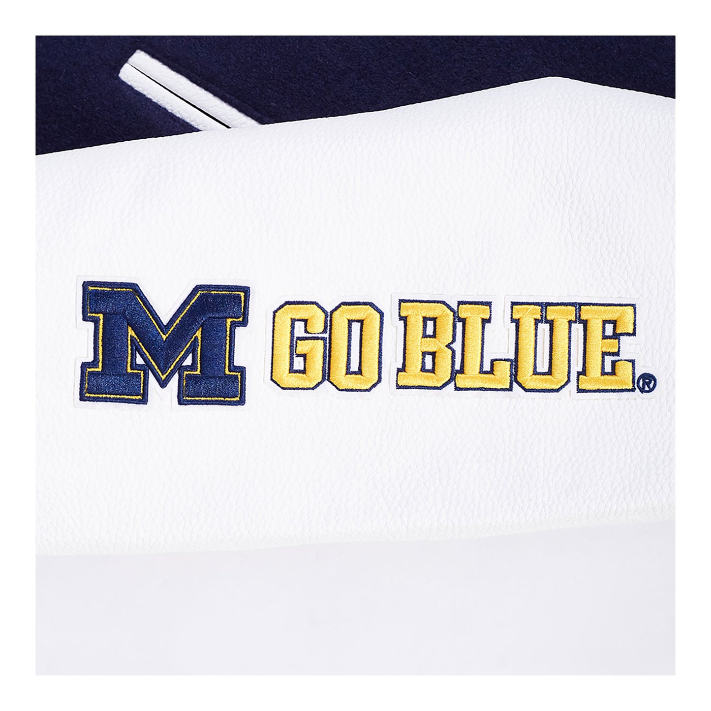 Michigan Wolverines Classic Ribbed Wool Varsity Jacket In Navy - Patch View 2