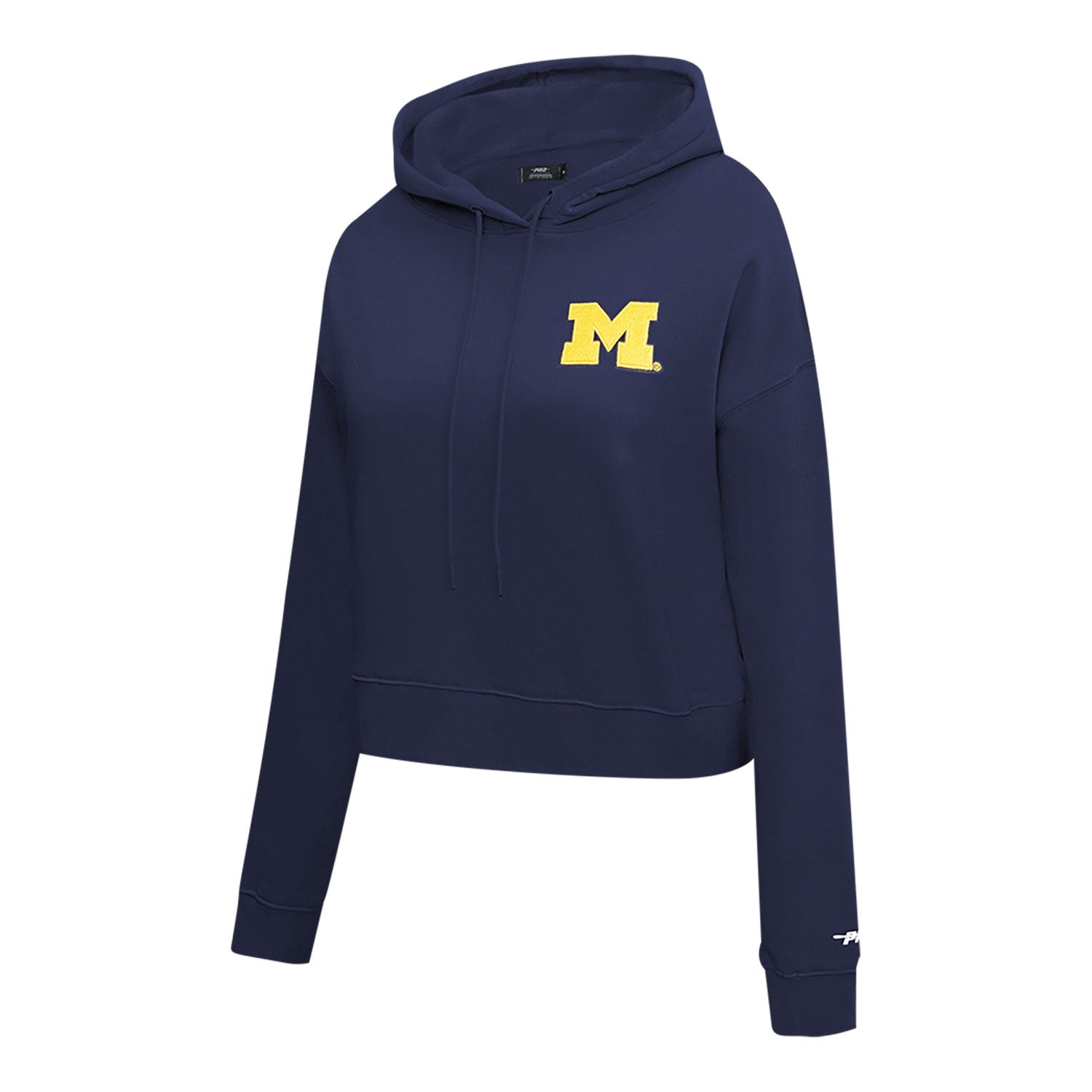 Michigan Wolverines Classic Ladies Cropped Fleece Pullover Hoodie In Navy - Front Side View