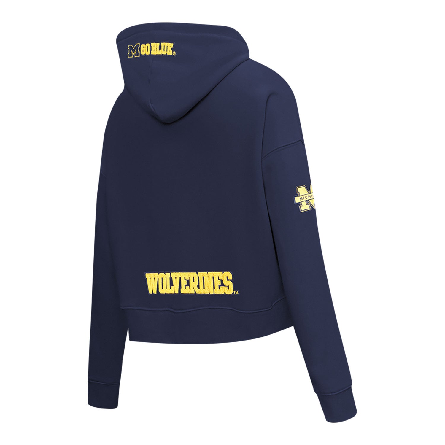 Michigan Wolverines Classic Ladies Cropped Fleece Pullover Hoodie In Navy - Back Side View