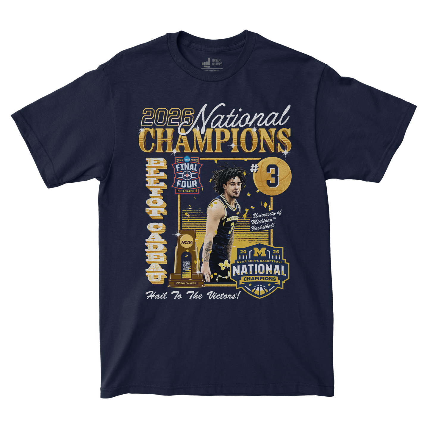 Michigan Wolverines Men's Basketball Campus Ink 2026 National Champion #3 Elliot Cadeau T-Shirt - Front View
