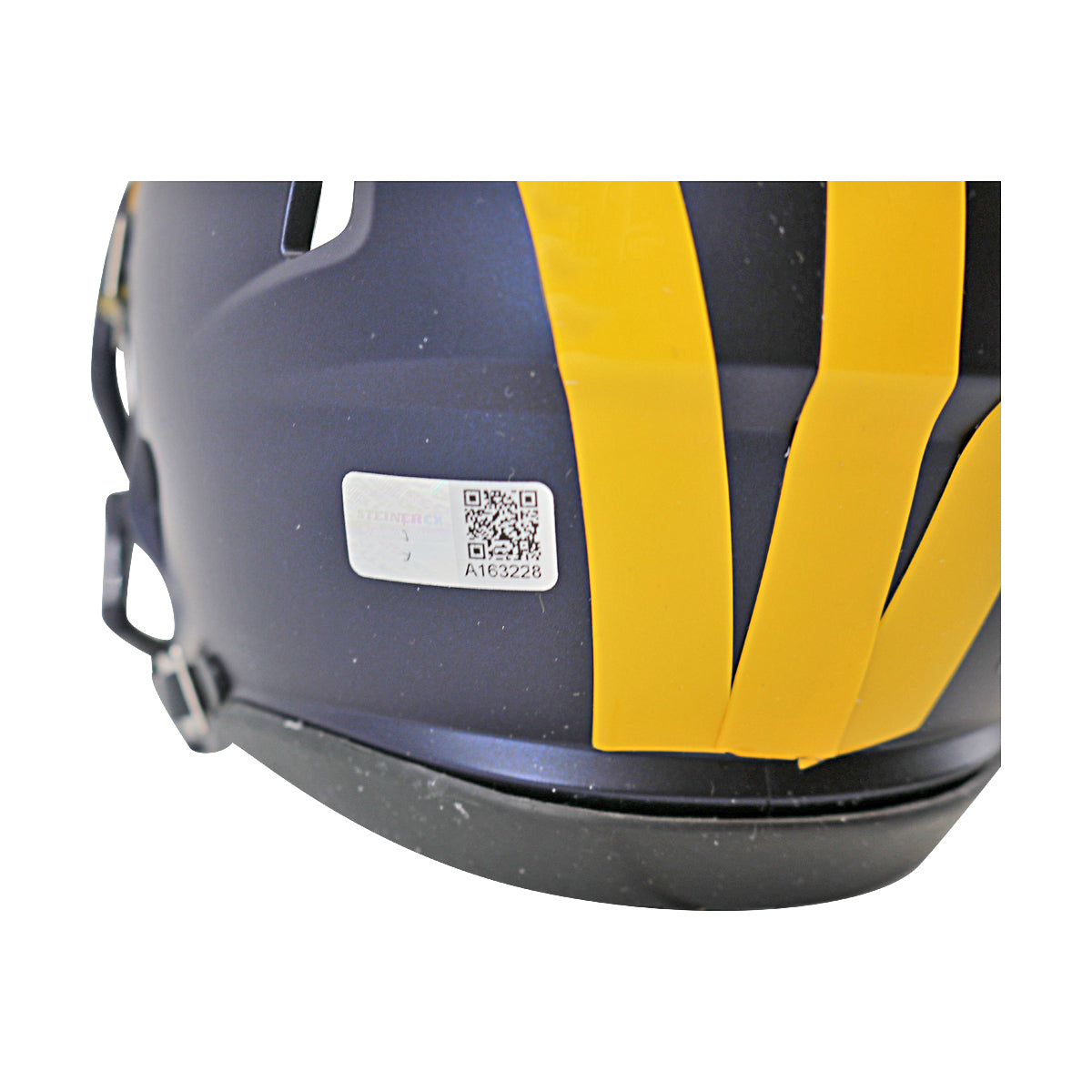 JJ McCarthy University of Michigan Autographed Riddell 2023 National Champions Mini Helmet (CX Auth) - Back Sticker View