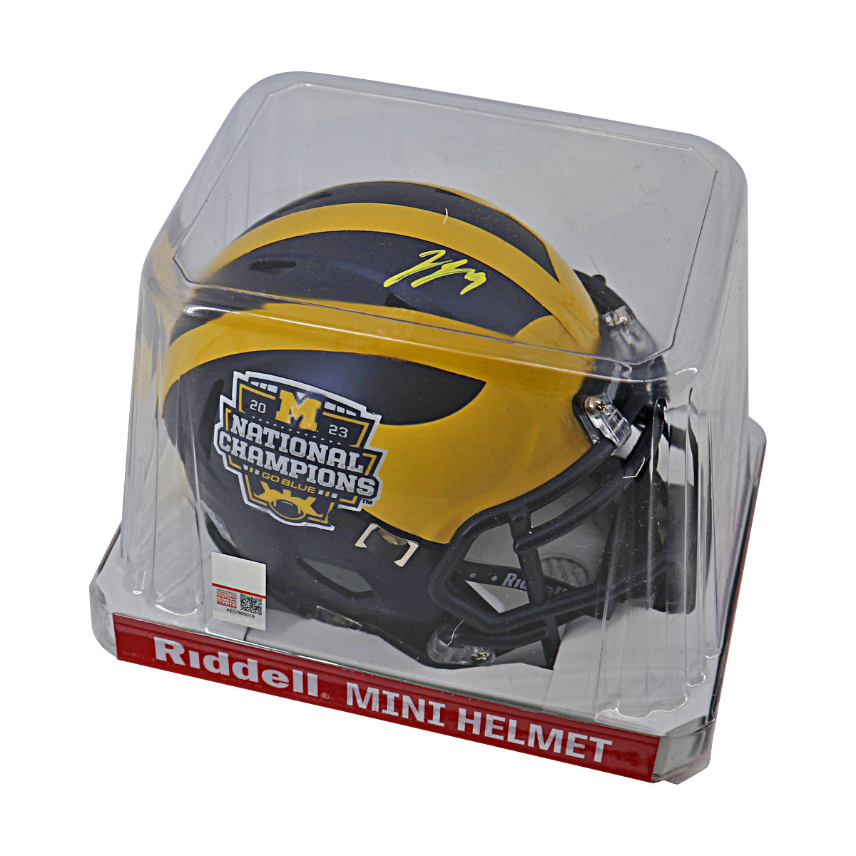 JJ McCarthy University of Michigan Autographed Riddell 2023 National Champions Mini Helmet (CX Auth) - In Case View