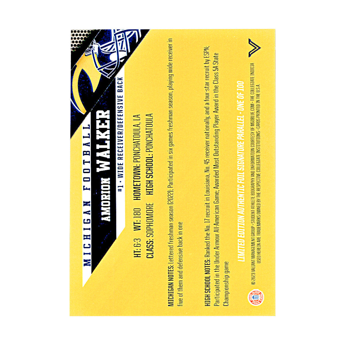 Amorion Walker Michigan Wolverines Autographed Signed Valiant Limited Edition Foil Signature Parallel Trading Card (CX Champions Circle LOA) - Back View