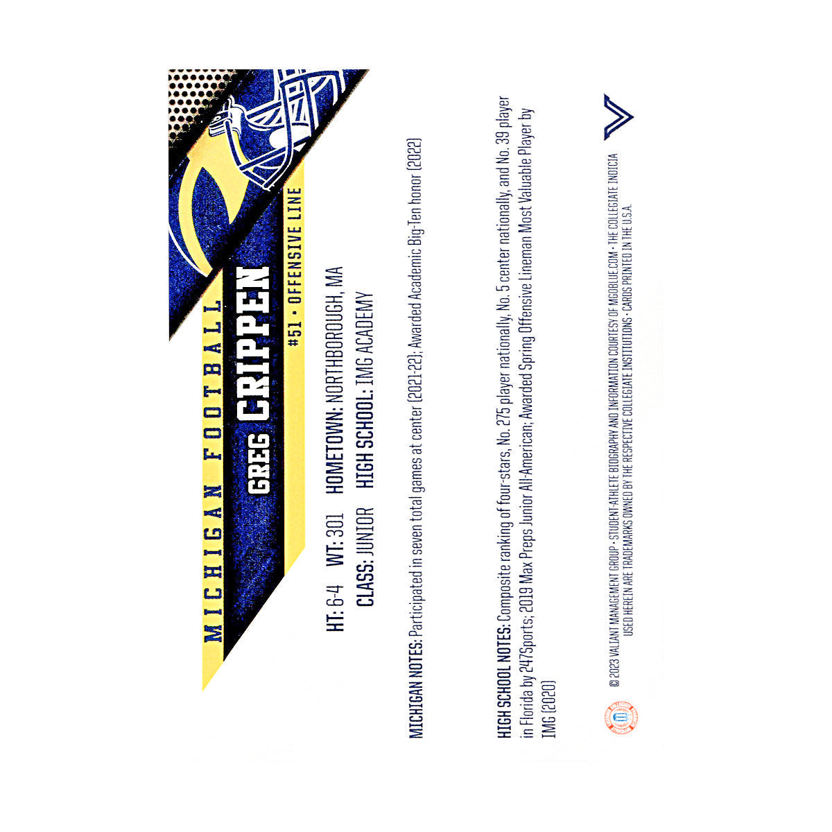 Greg Crippen Michigan Wolverines Autographed Signed 2023 Valiant Trading Card (CX Champions Circle LOA) - Card View