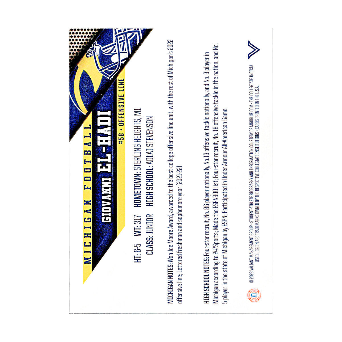 Giovanni El-Hadi Michigan Wolverines Autographed Signed 2023 Valiant Trading Card (CX Champions Circle LOA) - Back View