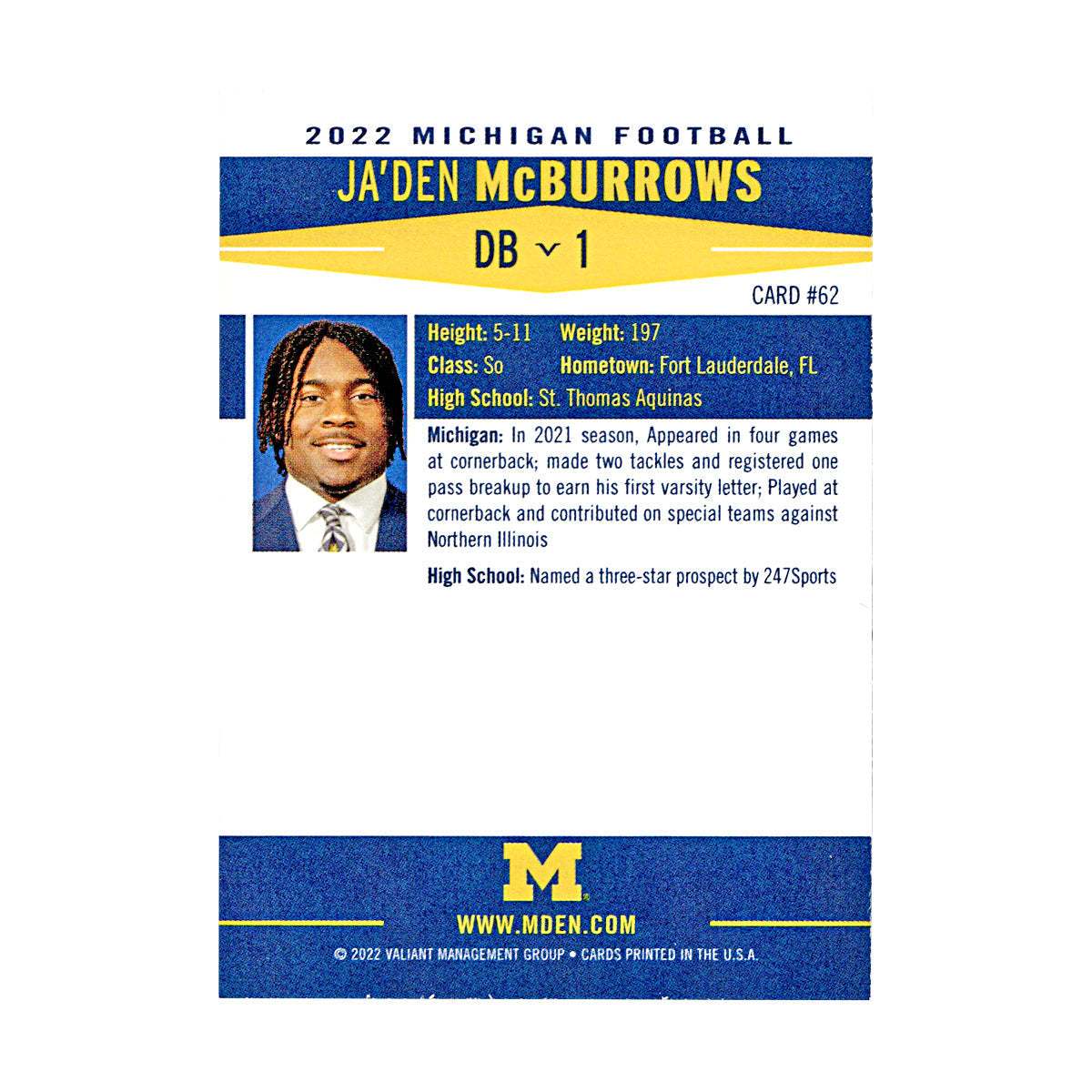 Ja'Den McBurrows Michigan Wolverines Autographed Signed 2022 Valiant Trading Card (CX Champions Circle LOA) - Back View