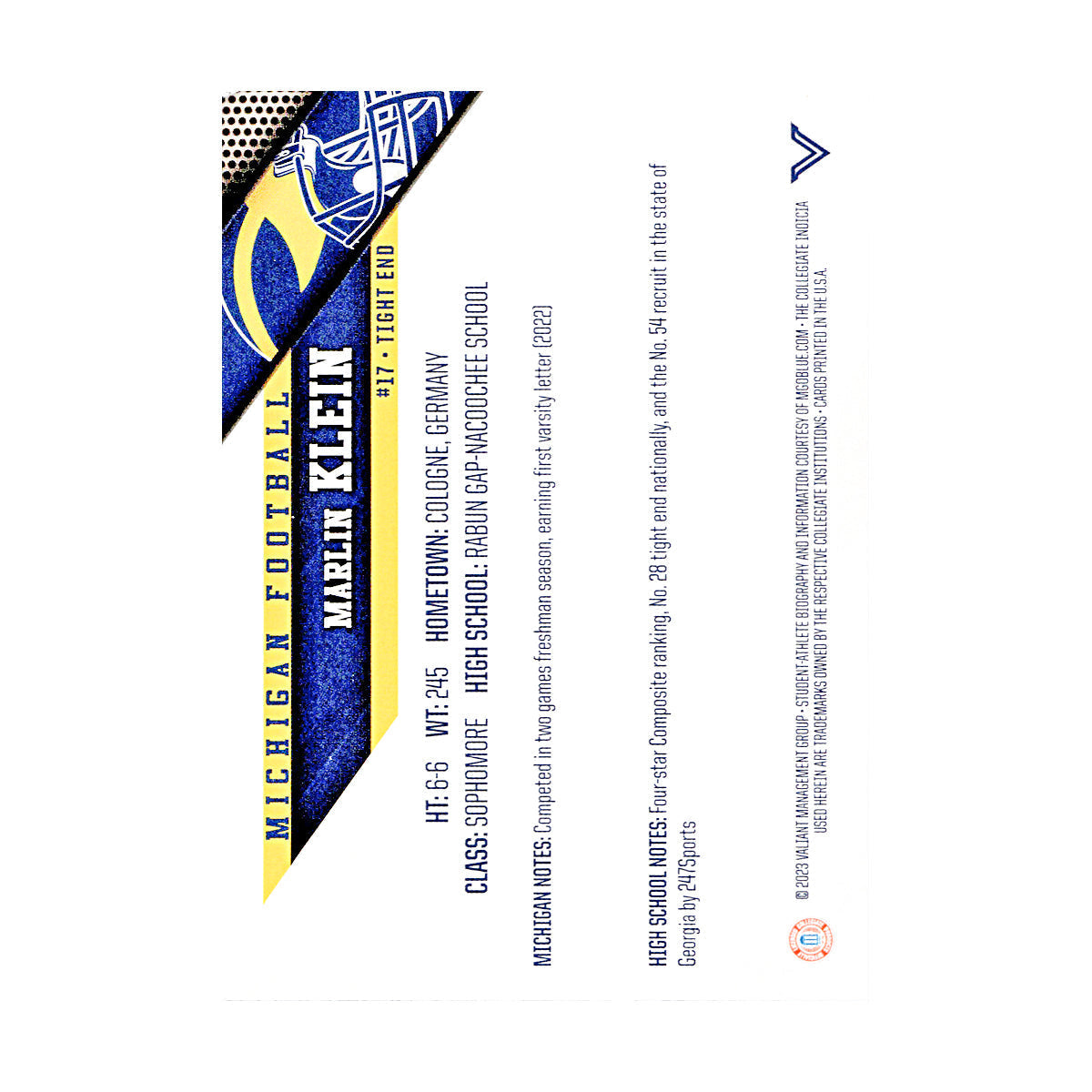 Marlin Klein Michigan Wolverines Autographed Signed 2023 Valiant Trading Card (CX Champions Circle LOA) - Back View