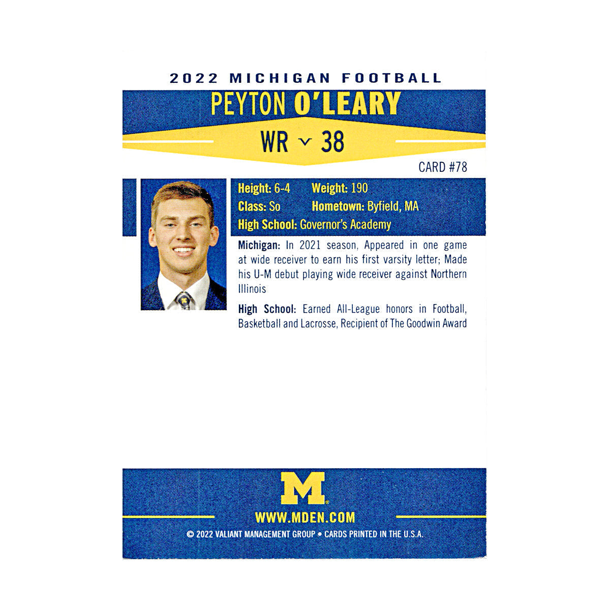 Peyton O'Leary Michigan Wolverines Autographed Signed 2022 Valiant Trading Card (CX Champions Circle LOA) - Back View