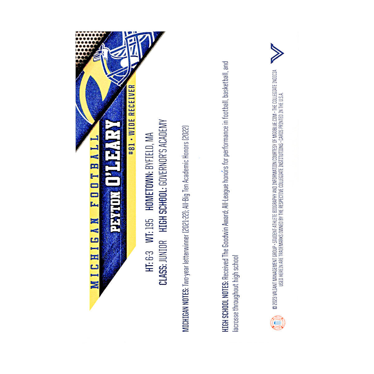 Peyton O'Leary Michigan Wolverines Autographed Signed 2023 Valiant Trading Card (CX Champions Circle LOA) - Back View
