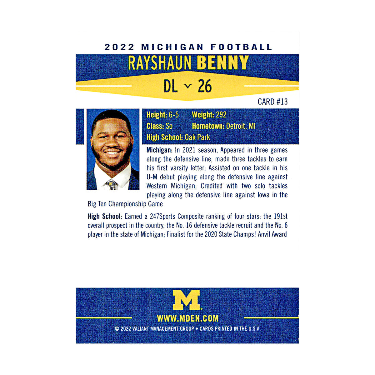 Rayshaun Benny Michigan Wolverines Autographed Signed 2022 Valiant Trading Card (CX Champions Circle LOA) - Back View