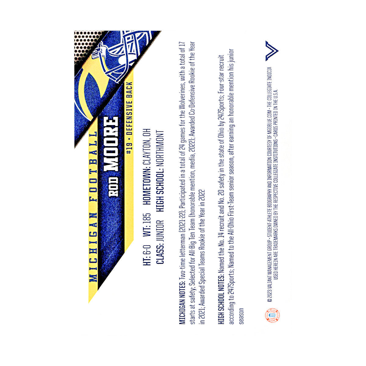 Rod Moore Michigan Wolverines Autographed Signed 2023 Valiant Trading Card (CX Champions Circle LOA) - Back View
