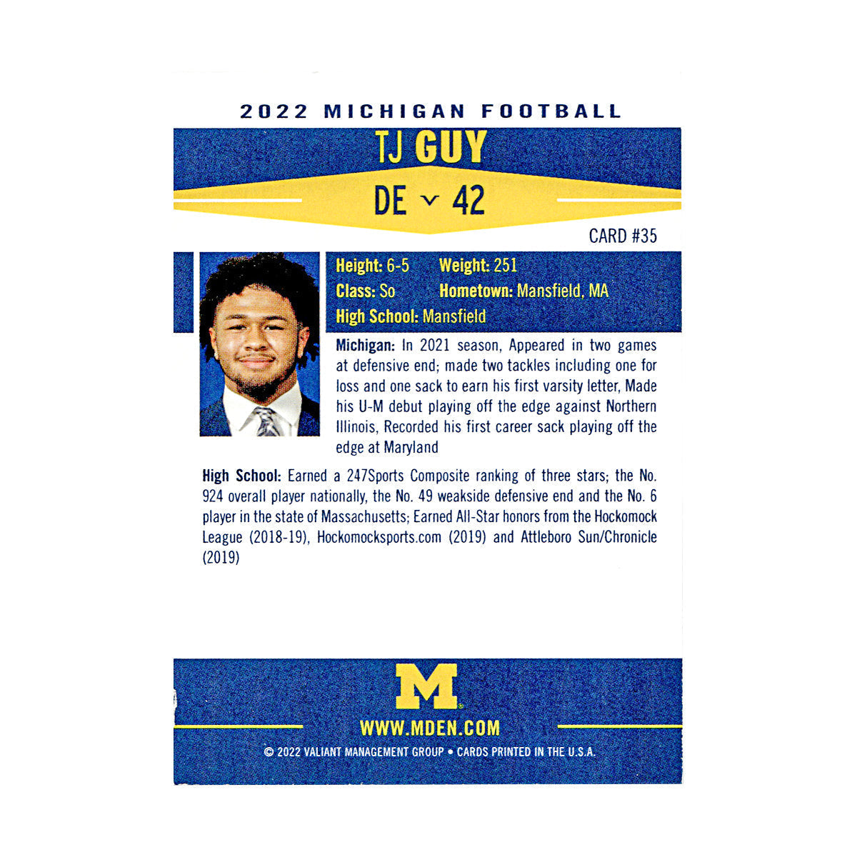 TJ Guy Michigan Wolverines Autographed Signed 2022 Valiant Trading Card (CX Champions Circle LOA) - Back View