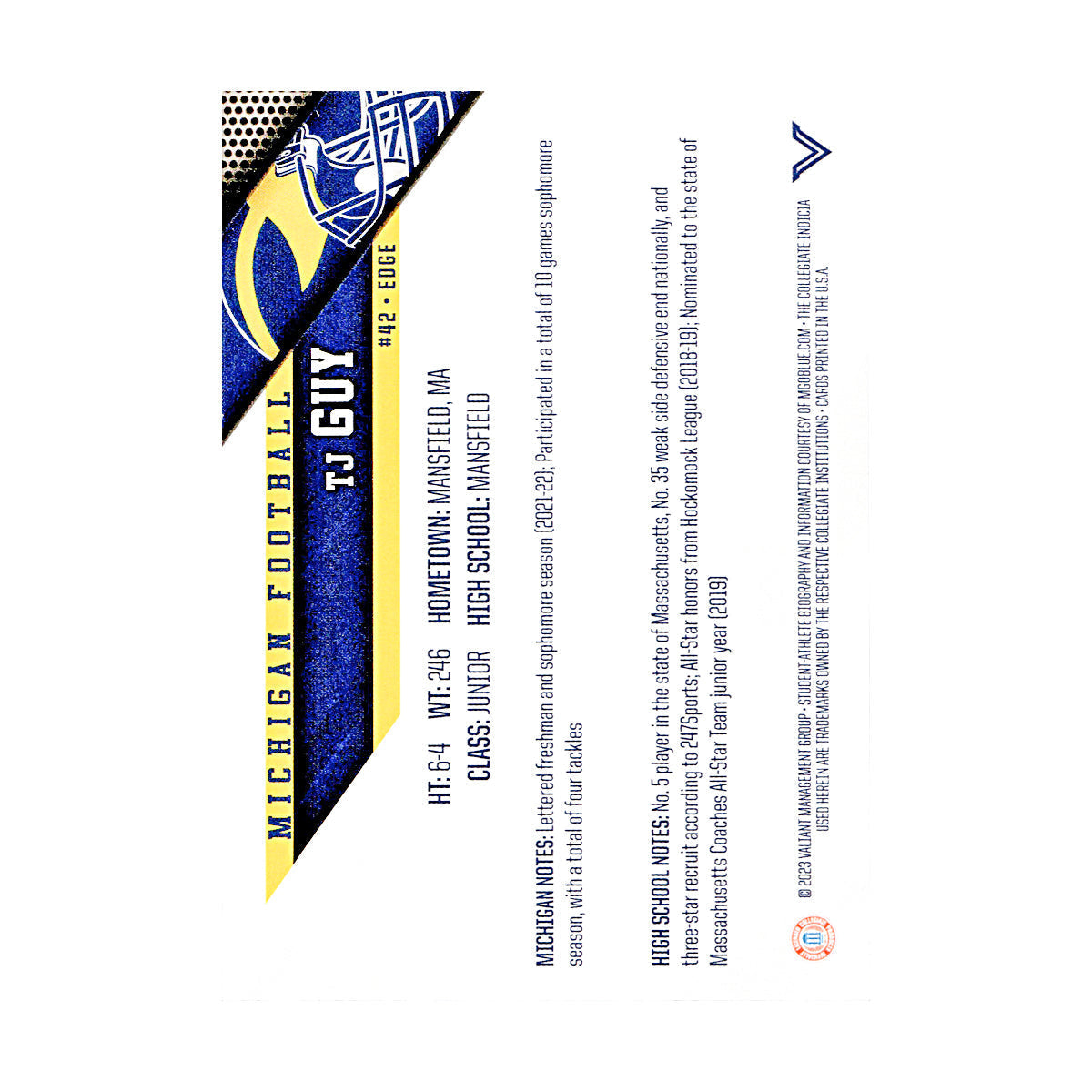 TJ Guy Michigan Wolverines Autographed Signed 2023 Valiant Trading Card (CX Champions Circle LOA) - Card View