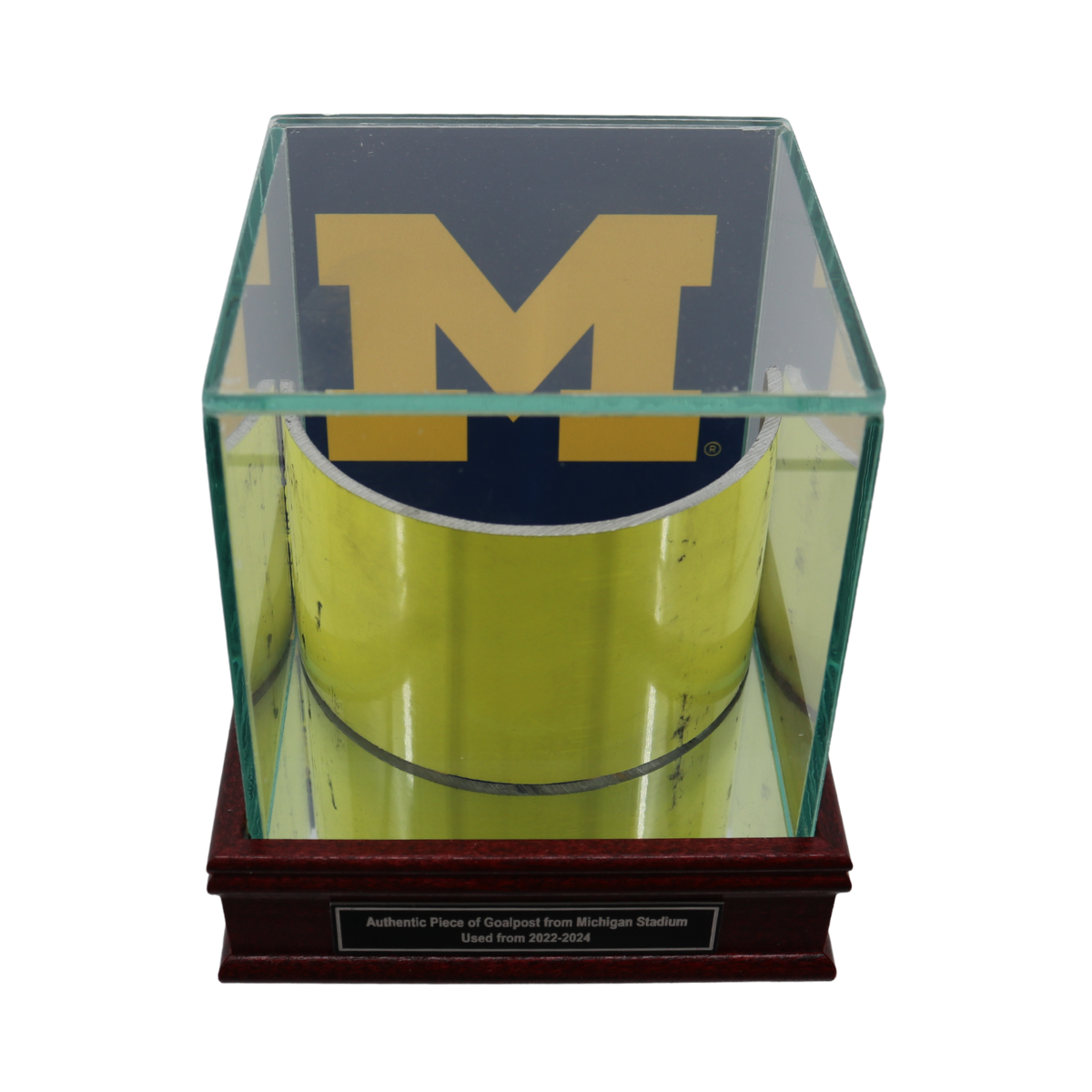 Michigan Wolverines Display Case with Authentic Big House Goalpost Piece - Front View