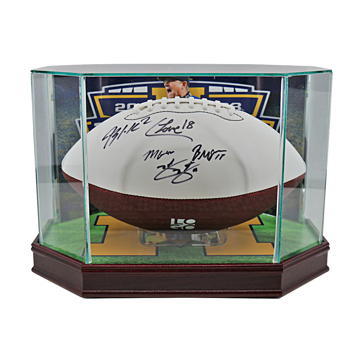 Corum, Zinter, McGregor, Loveland, Graham Michigan Wolverines Autographed Signed 5 Signature 2023 National Champions Logobrands Football with Custom Designed Glass Case In Case - Front View