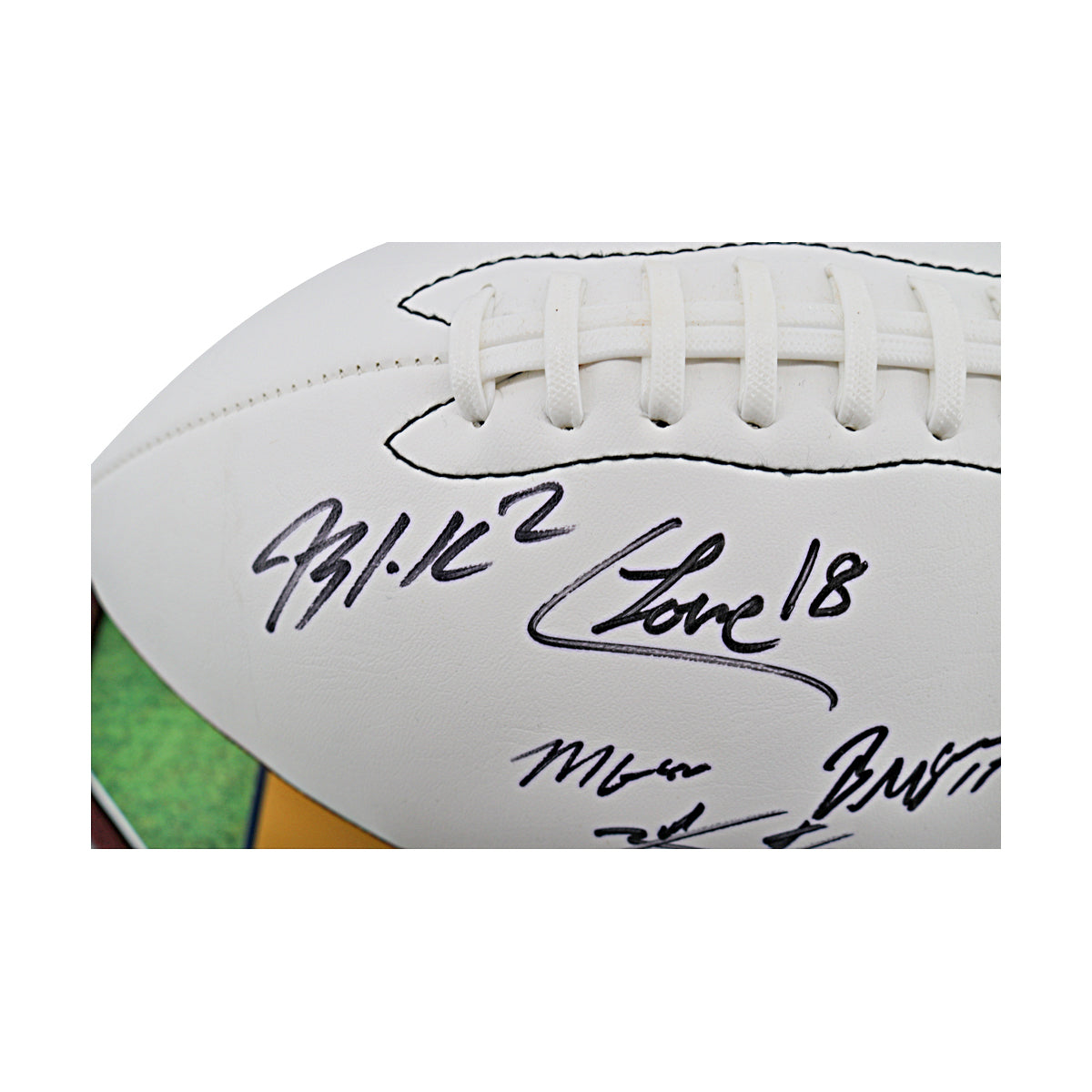 Corum, Zinter, McGregor, Loveland, Graham Michigan Wolverines Autographed Signed 5 Signature 2023 National Champions Logobrands Football with Custom Designed Glass Case In Case - Signature View