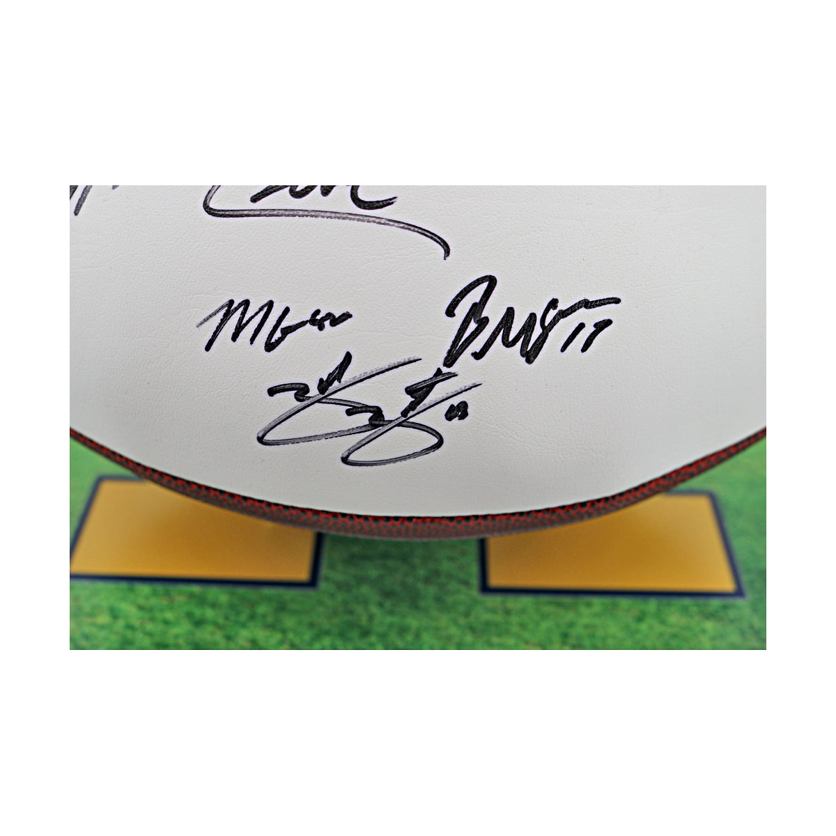 Corum, Zinter, McGregor, Loveland, Graham Michigan Wolverines Autographed Signed 5 Signature 2023 National Champions Logobrands Football with Custom Designed Glass Case In Case - Signature View 2