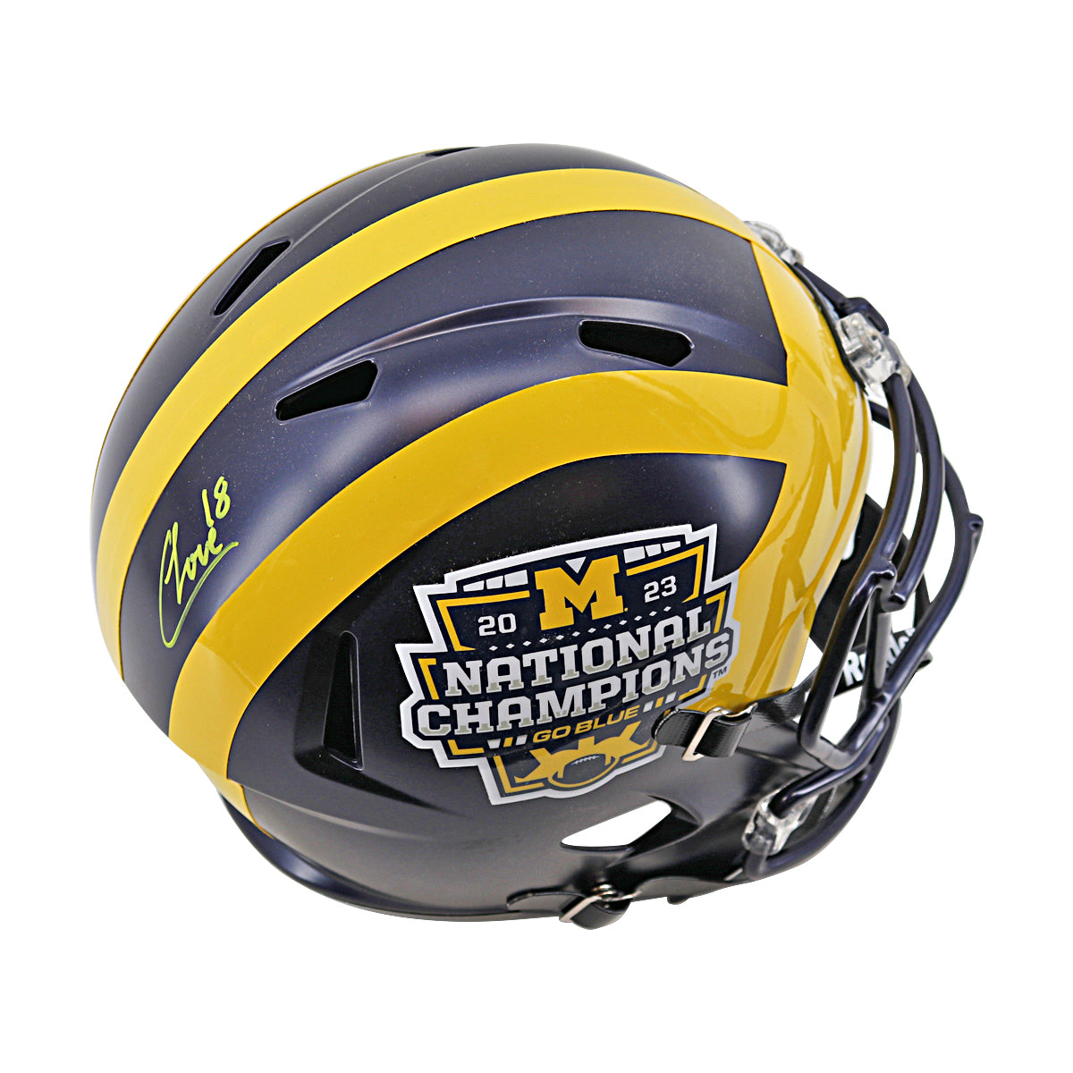 Colston Loveland Michigan Wolverines Autographed Signed 2023 National Champions Replica Full Size Riddell Speed Helmet In Navy - Back Side View