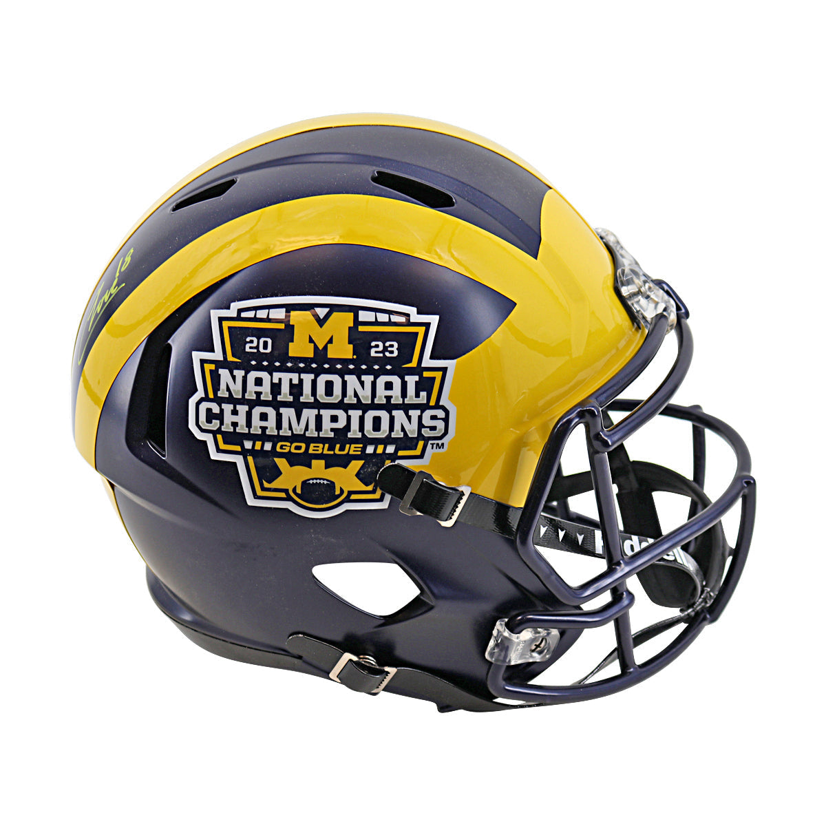 Colston Loveland Michigan Wolverines Autographed Signed 2023 National Champions Replica Full Size Riddell Speed Helmet In Navy - Side View