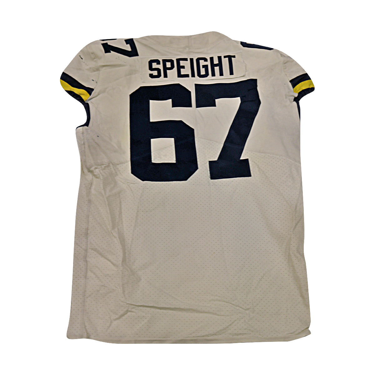Jess Speight Michigan Wolverines #67 2018 Practice Used White Jordan Brand Jersey - Back View