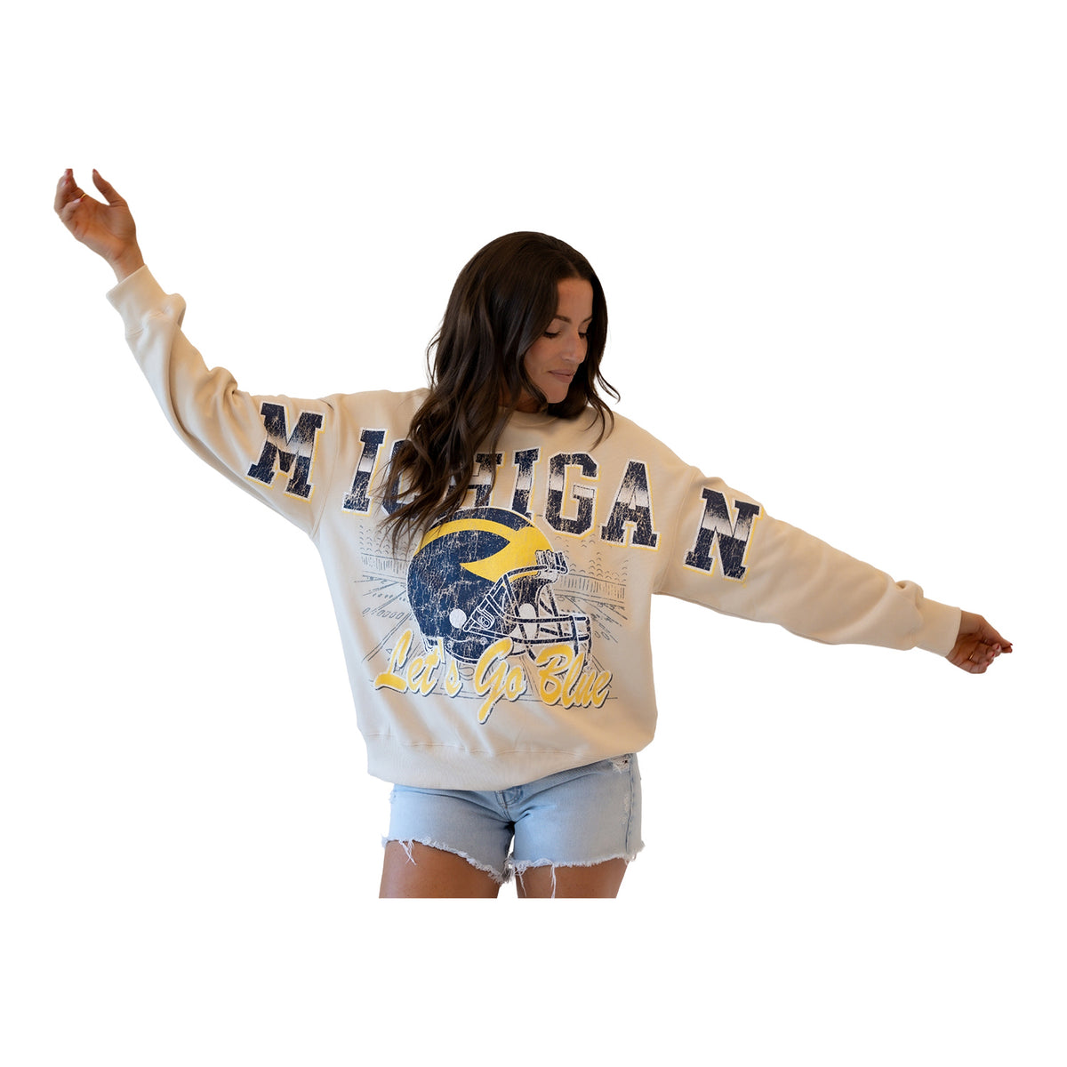 Michigan Wolverines Ladies Cream Helmet Crewneck