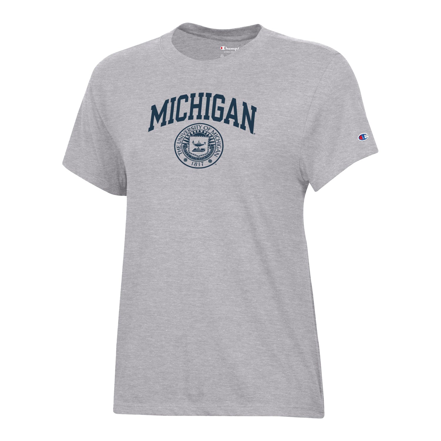 michigan gear Michigan Wolverines Women's Champion Gray Seal Wordmark T-Shirt