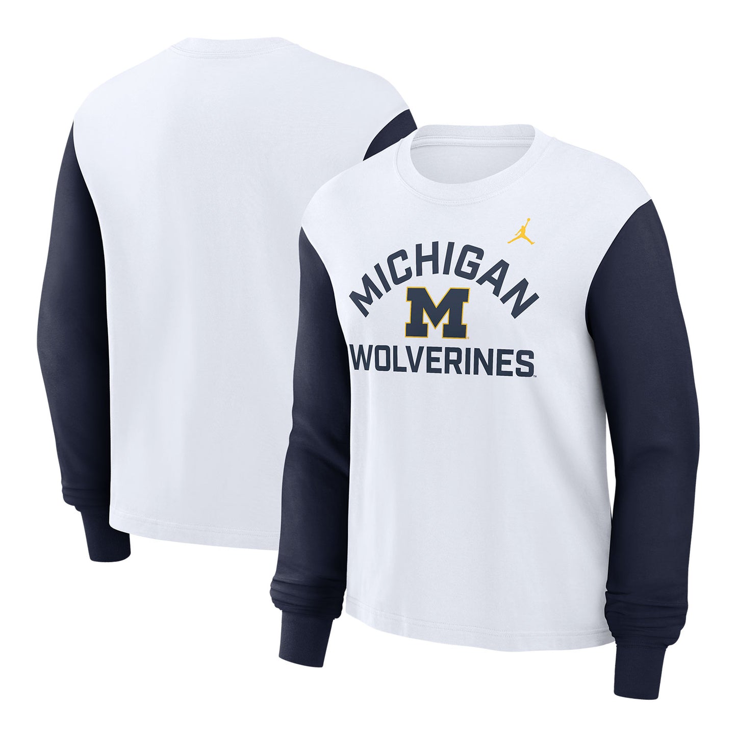 Michigan Wolverines Nike Jordan Ladies White Long Sleeve Boxy Tee - Front & Back View