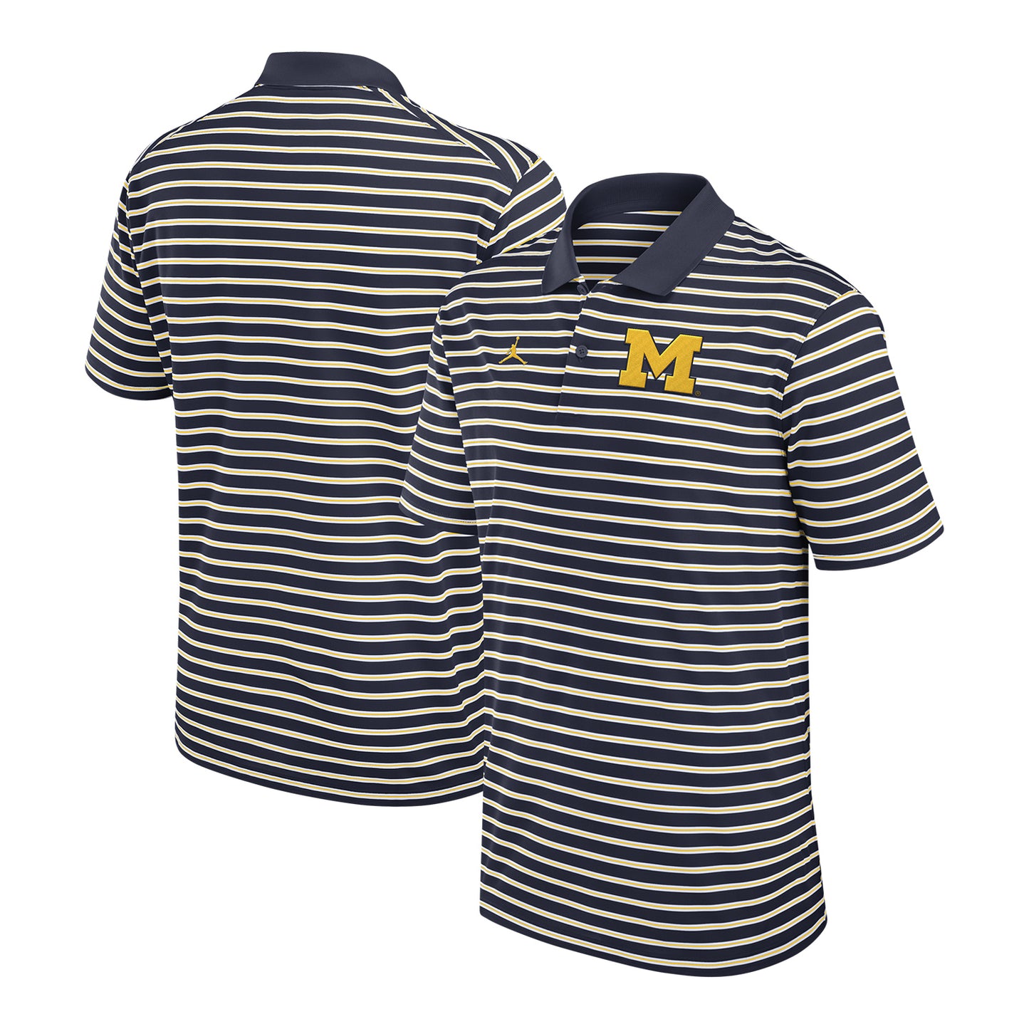 Michigan Wolverines Nike Jordan Striped Logo Polo In Navy - Front & Back View