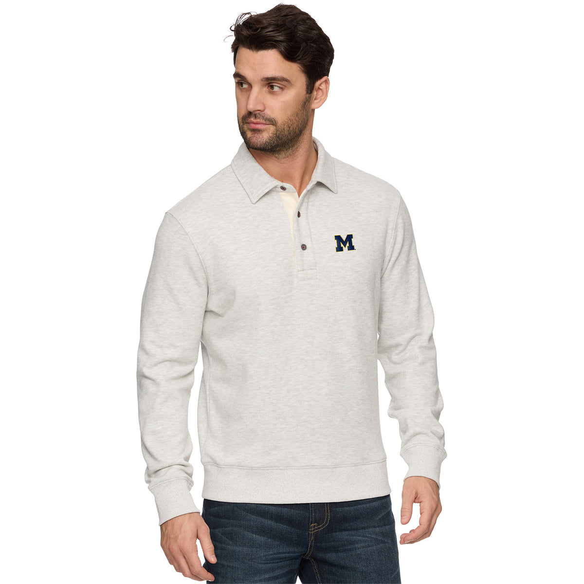 Michigan Wolverines Grey M Logo Long Sleeve Henley Polo