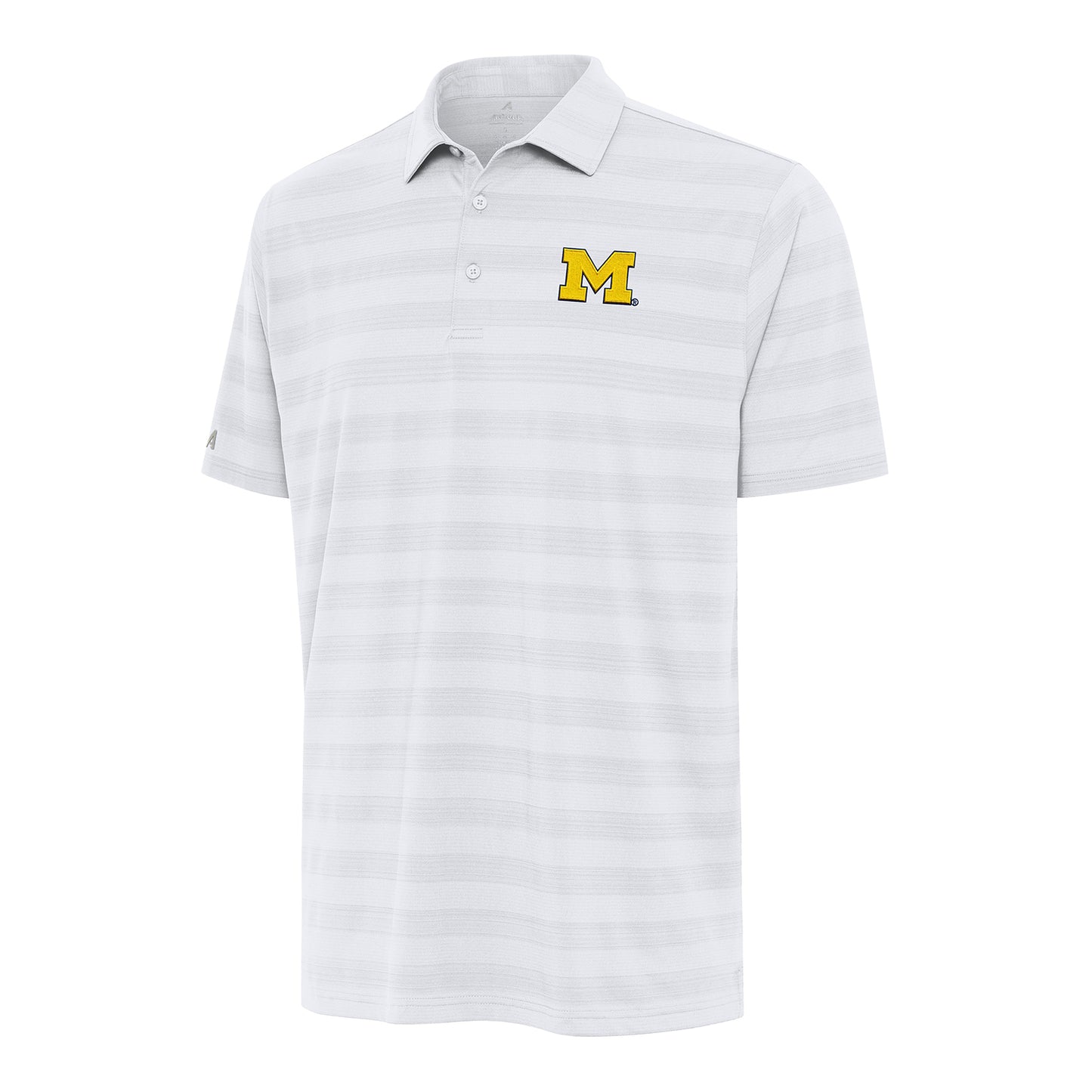 Michigan Wolverines White Striped Antigua Tunnel Polo In White - Front View
