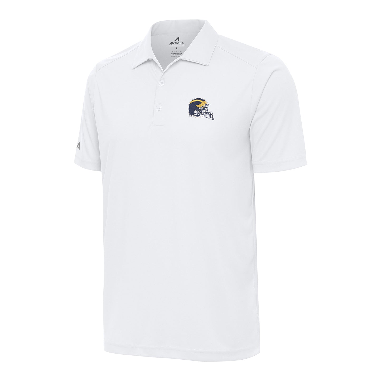 Michigan Wolverines White Antigua Tribute Football Helmet Polo - Front View