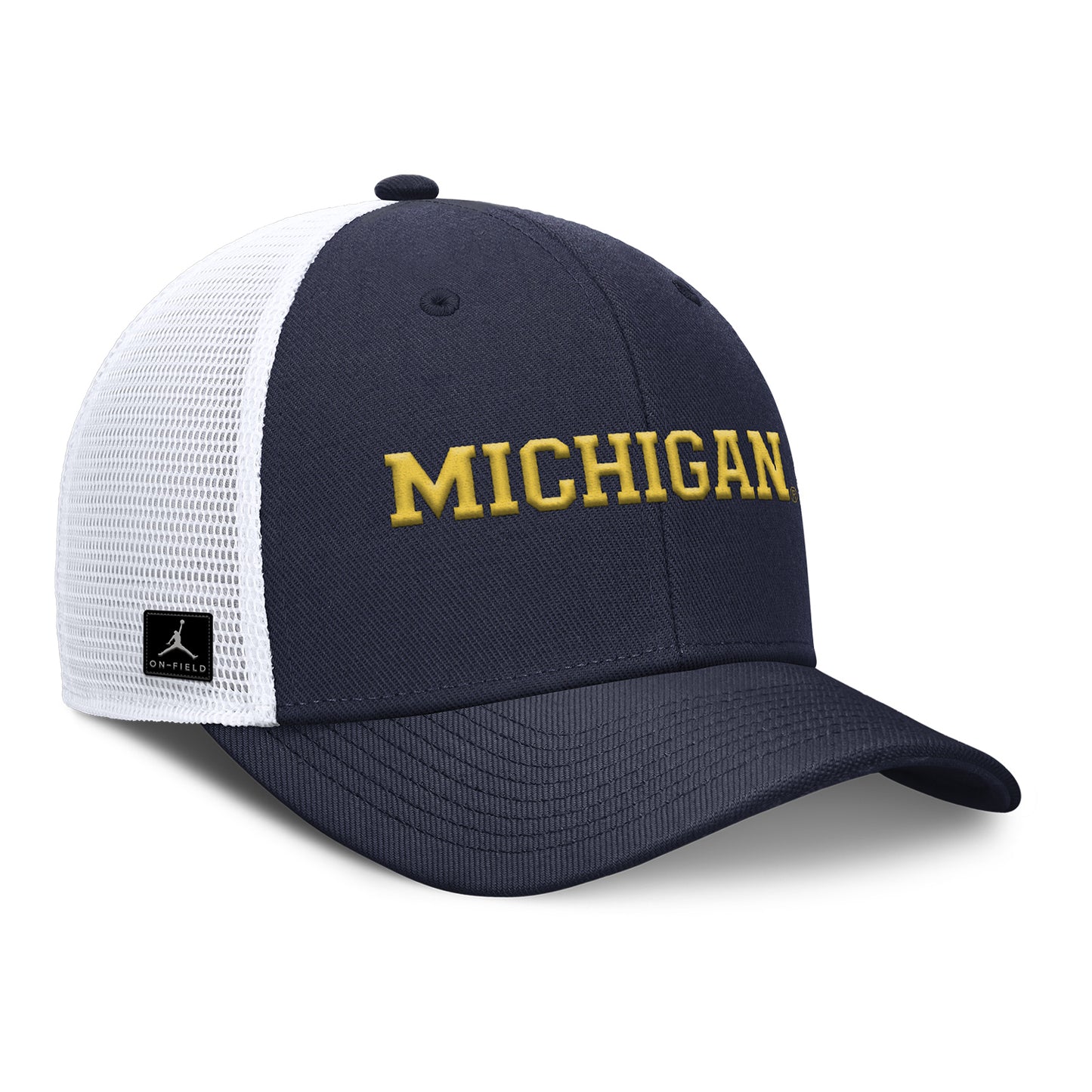 Michigan Wolverines Jordan Sideline Trucker Navy Hat - Front Right View
