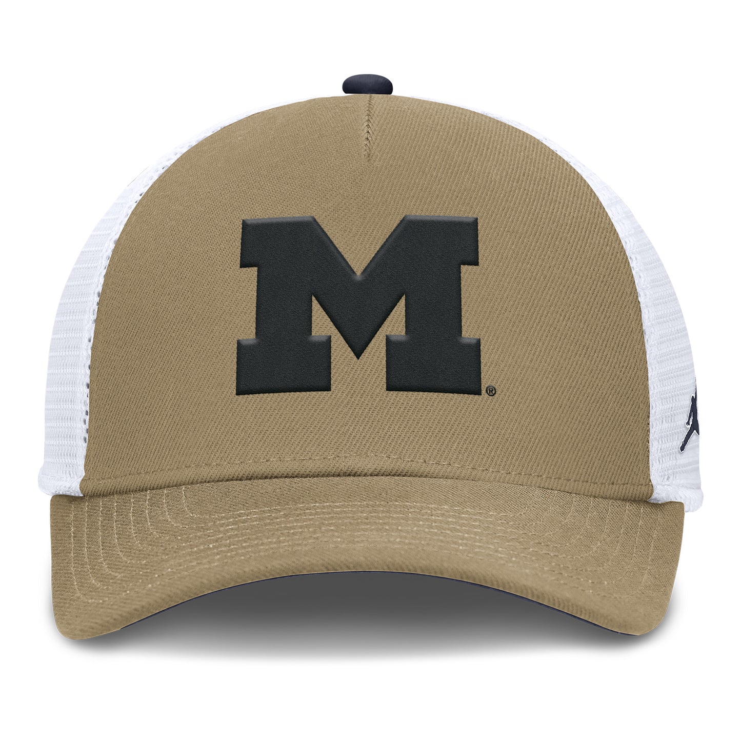 Michigan Wolverines Jordan Rise 5 Pannel Tan Trucker Hat - Front View