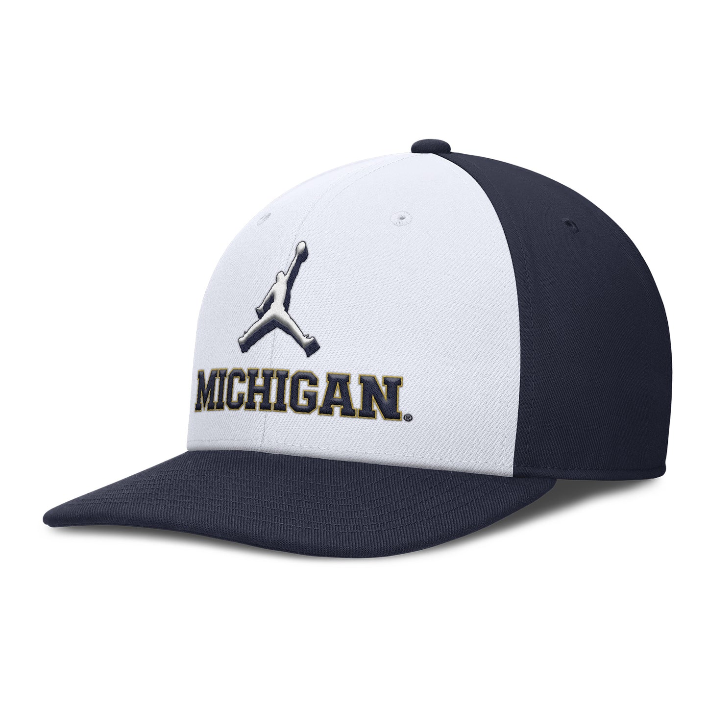 Michigan Wolverines White and Navy Snapback Pro Primetime Hat - Front Left View