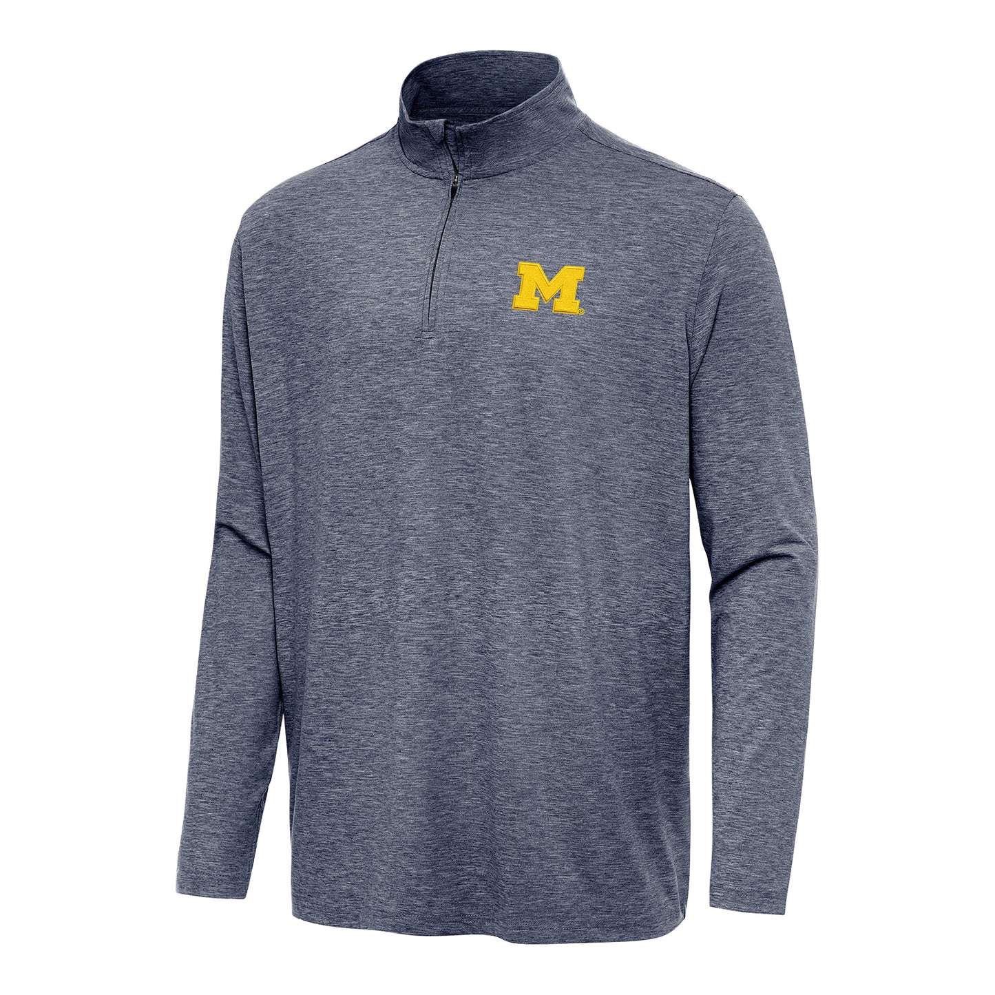 Michigan Wolverines Antigua Heather Navy Hunk Quarter-Zip - Front View