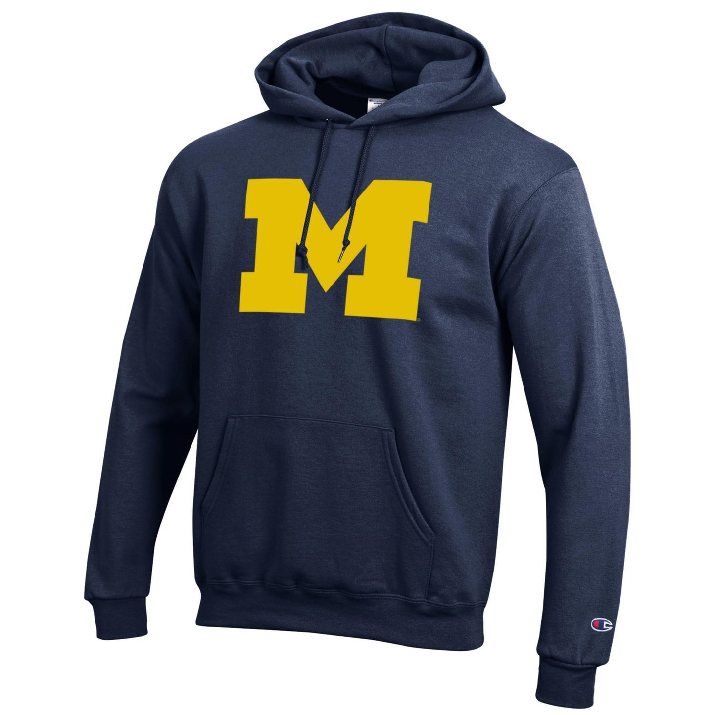 Michigan Wolverines Blue Champion Tackle Twill Primary Logo Hooded Sweatshirt - Angled View