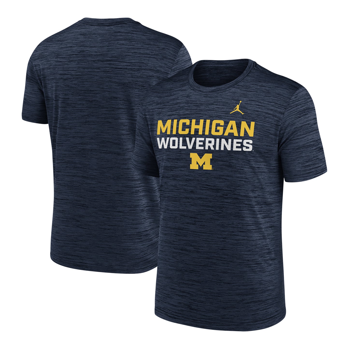 Michigan Wolverines Velocity Center Stacked Navy Tee - Front & Back View
