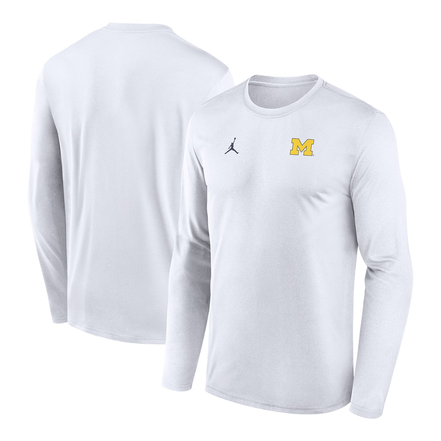 Michigan Wolverines Jordan White Block M Long Sleeve Tee In White - Front & Back View