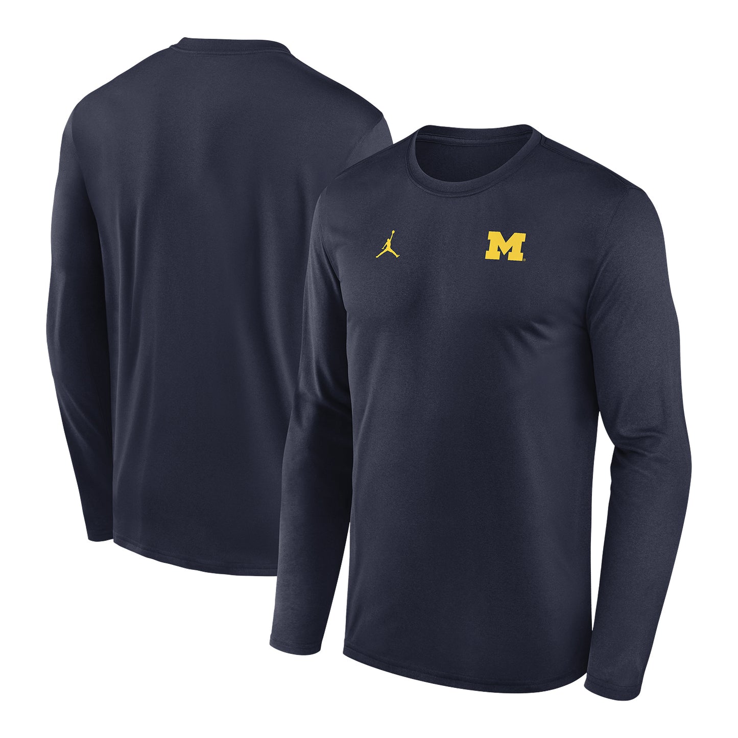 Michigan Wolverines Jordan Navy Block M Long Sleeve Tee In Black - Front & Back View