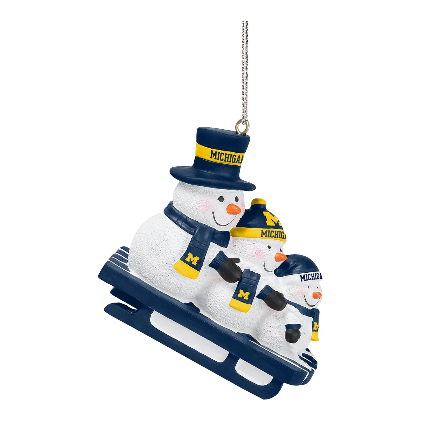 Michigan Wolverines Snowman Sledding Family Holiday Ornament In White - Side View 2