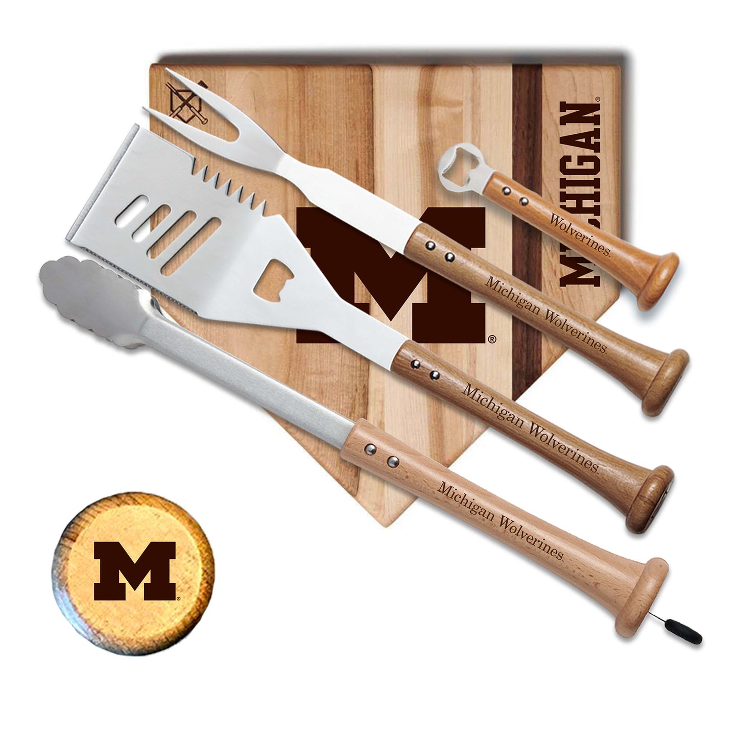 Michigan Wolverines 12" Grand Slam BBQ Set In Brown - Front View