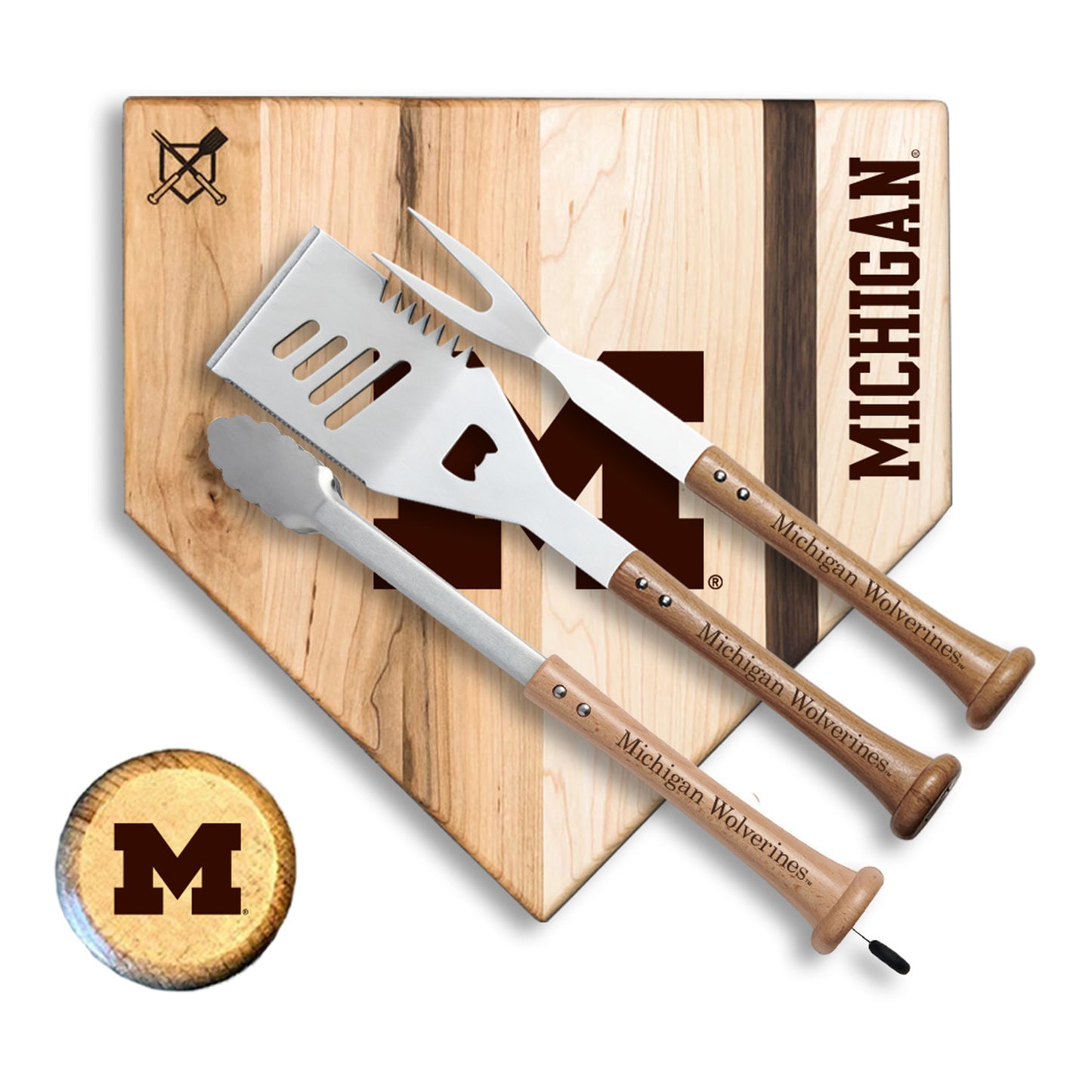 Michigan Wolverines 17" Silver Slugger BBQ Set In Brown - Front View
