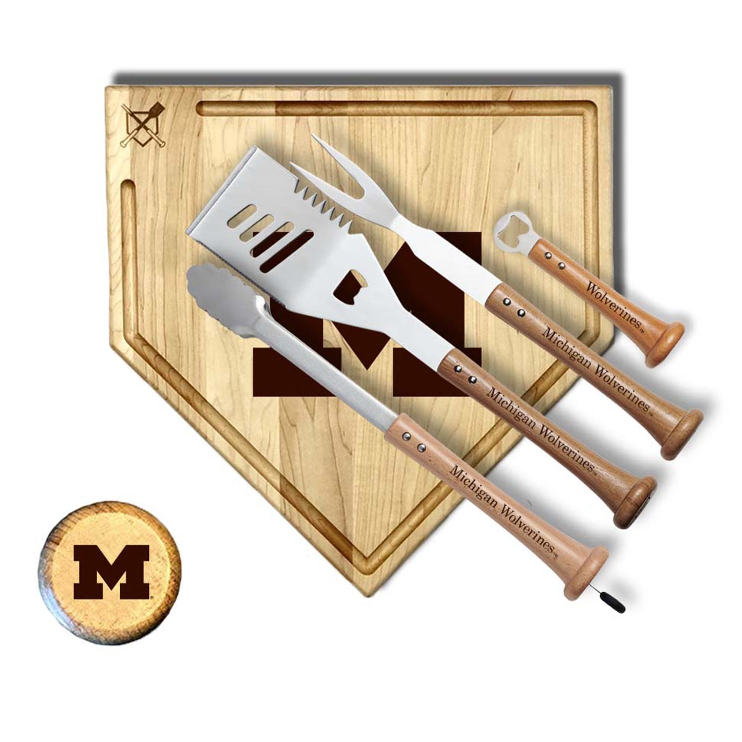 Michigan Wolverines 17" Grand Slam BBQ Set with Cutting Board Trough In Brown - Front View