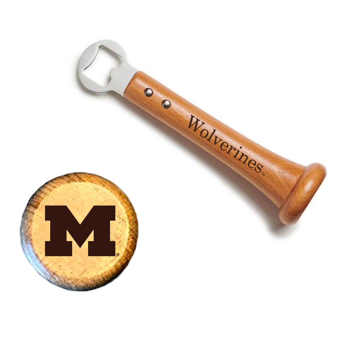 Michigan Wolverines Pickoff Bottle Opener In Brown - Front View
