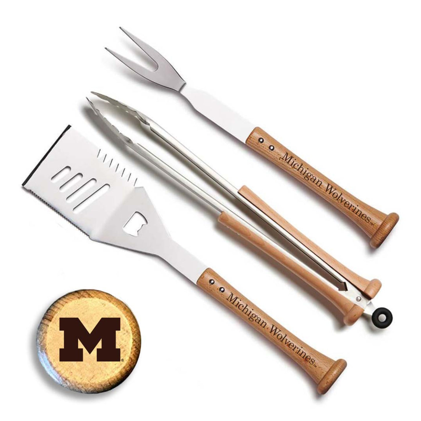 Michigan Wolverines Triple Play Barbecue Tool Set In Brown - Front View