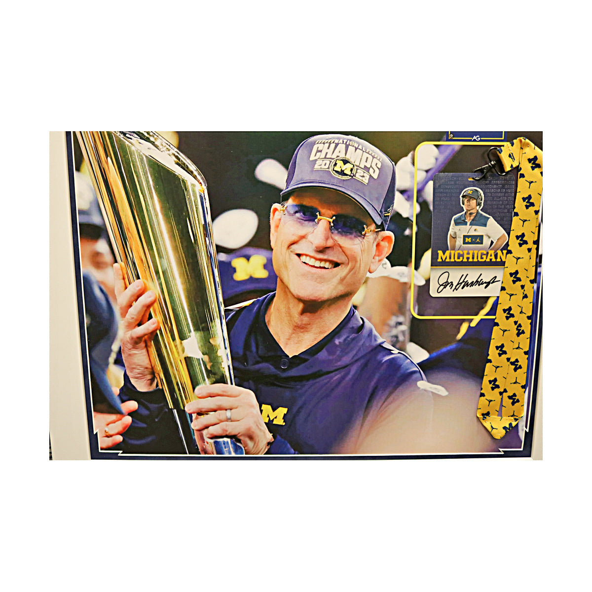 Jim Harbaugh Michigan Wolverines Autographed Signed 2023 Credential Pass 20" x 24" Framed Collage In Frame - Image View