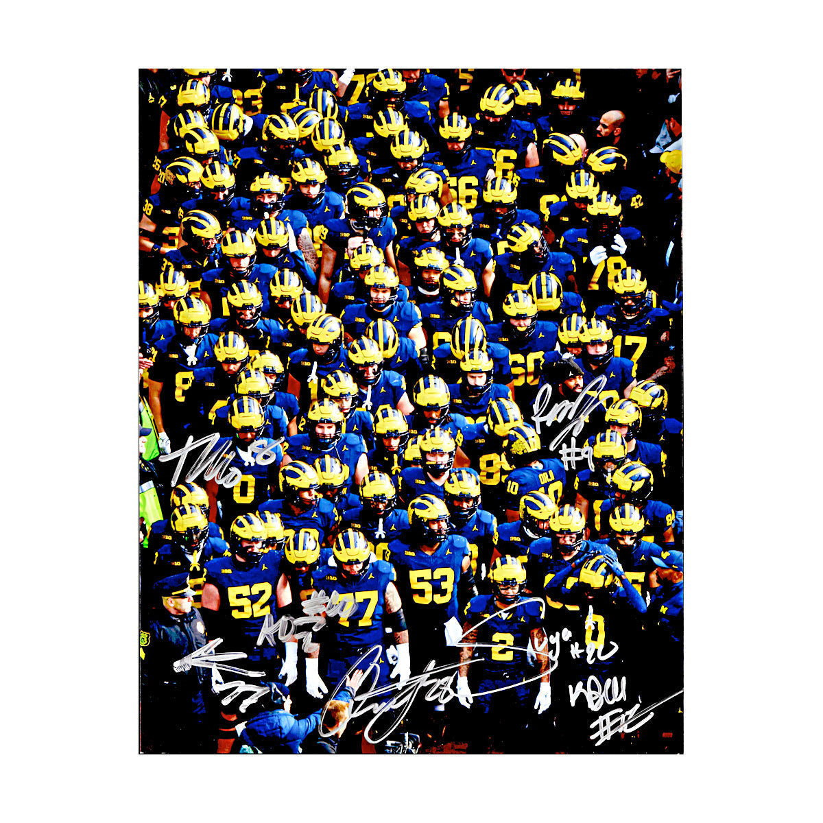 Michigan Wolverines 7 Signature (Bell,Hill,Johnson,Klein,Moore,Morris,Orji) Autographed Signed Tunnel Exit 8x10 Photo (CX Champions Circle LOA) - Front View